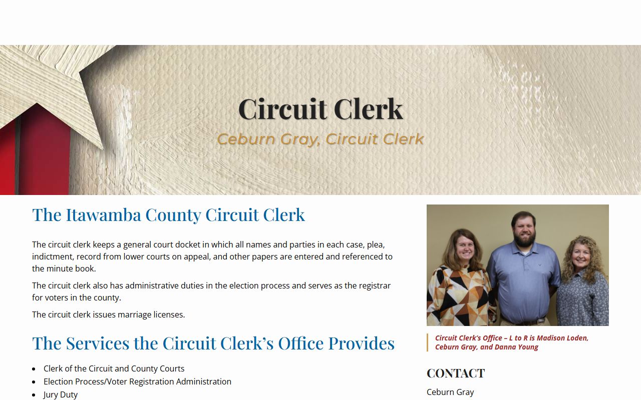 Itawamba County Circuit Clerk page explaining docket and criminal record functions