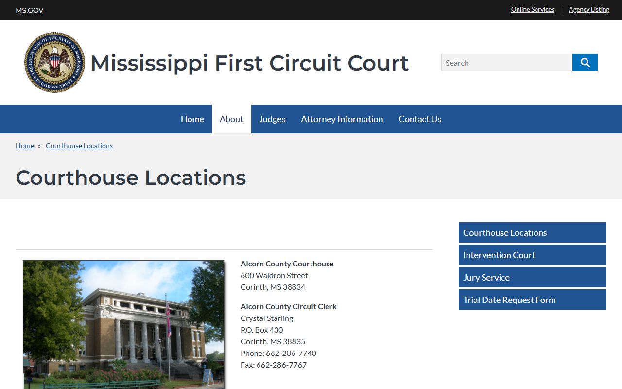 First Circuit Court courthouse locations page listing Itawamba County courthouse contact information