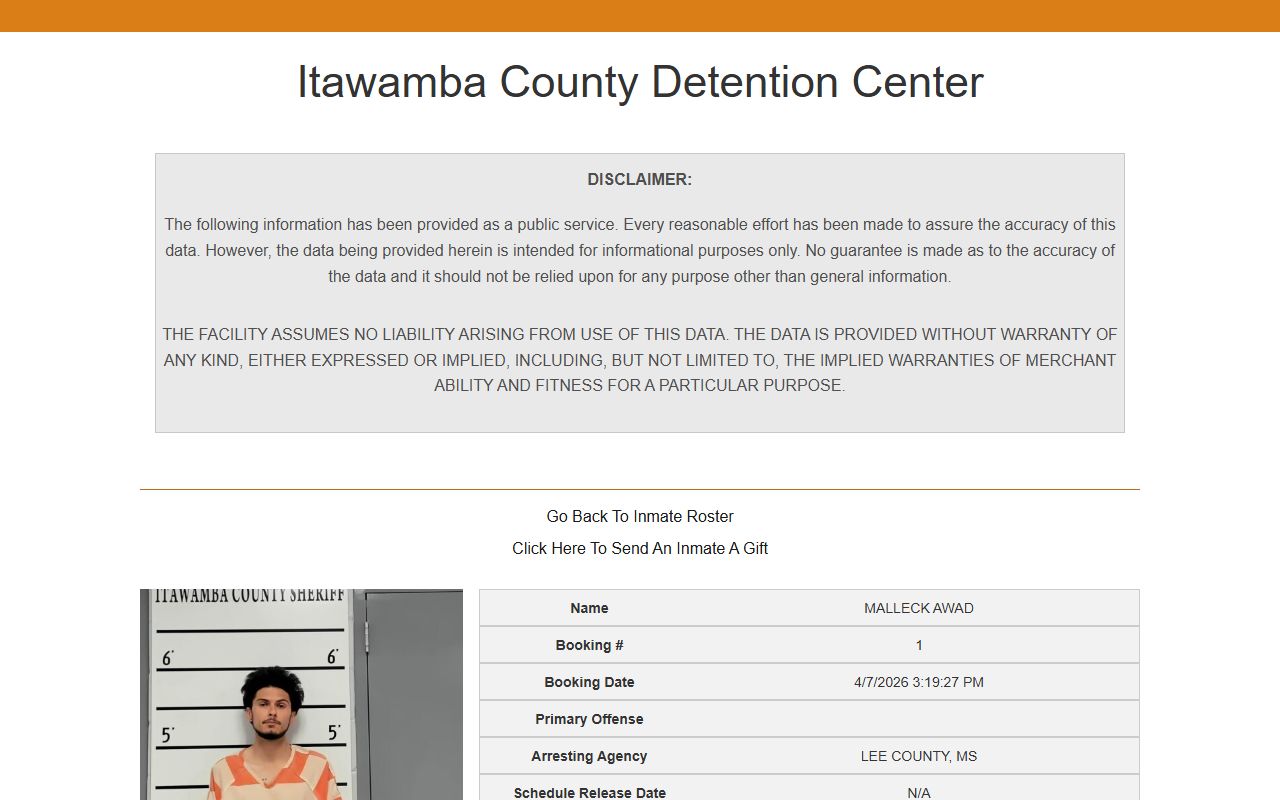 Sample Itawamba County Detention Center inmate profile with booking fields, mugshot, charges, and bond columns
