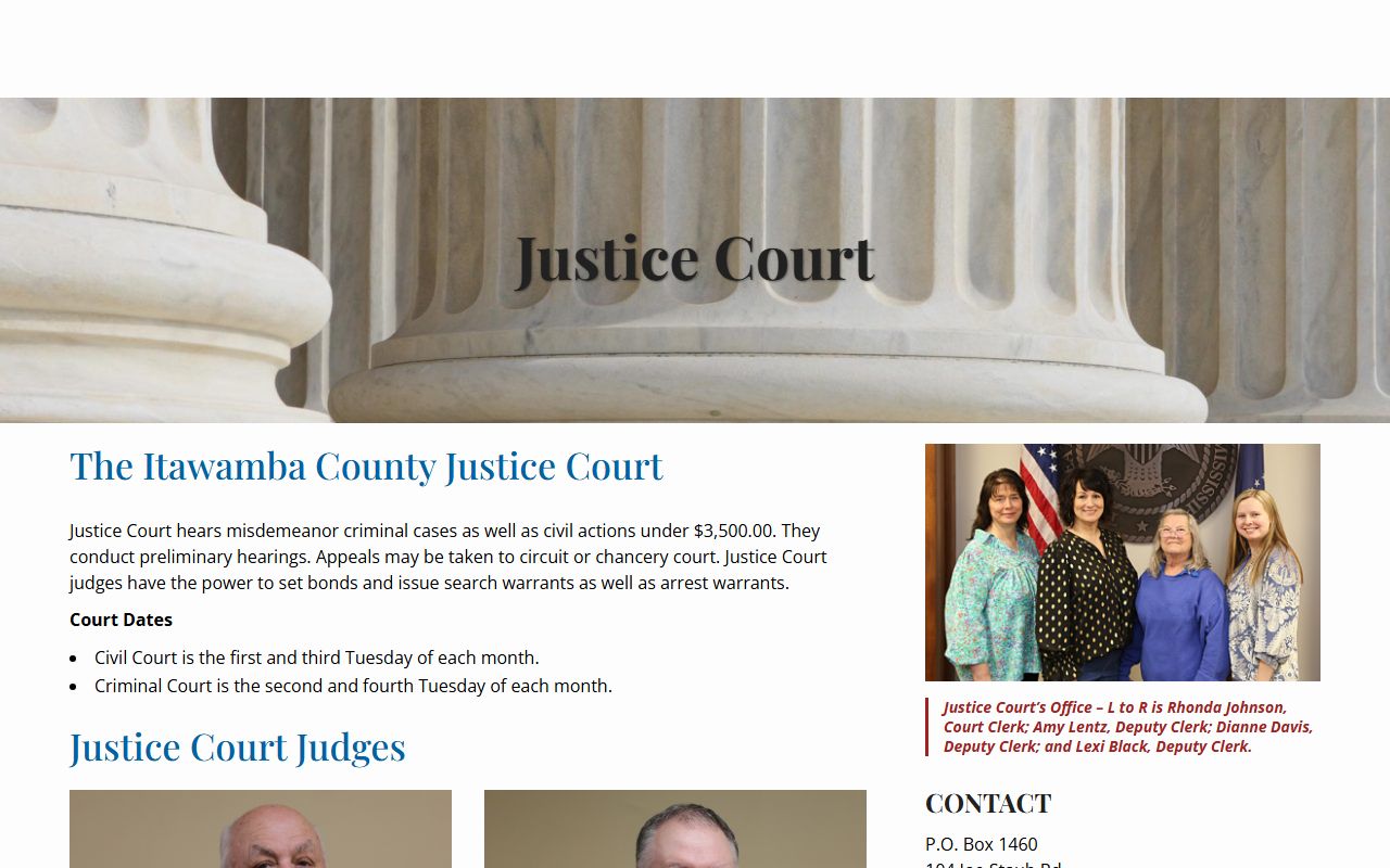 Itawamba County Justice Court page describing misdemeanor cases, preliminary hearings, bonds, and warrants