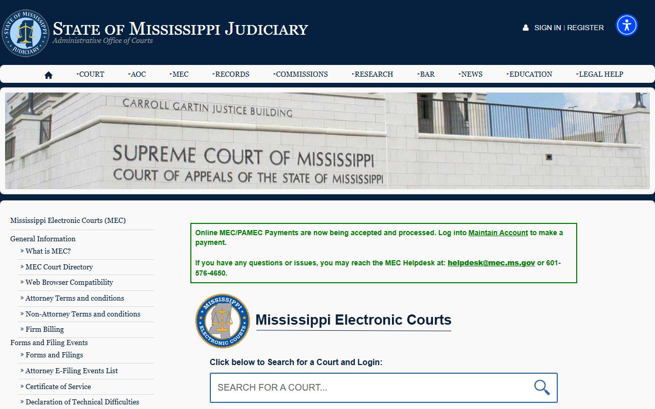 Mississippi Electronic Courts portal page for MEC access and helpdesk information