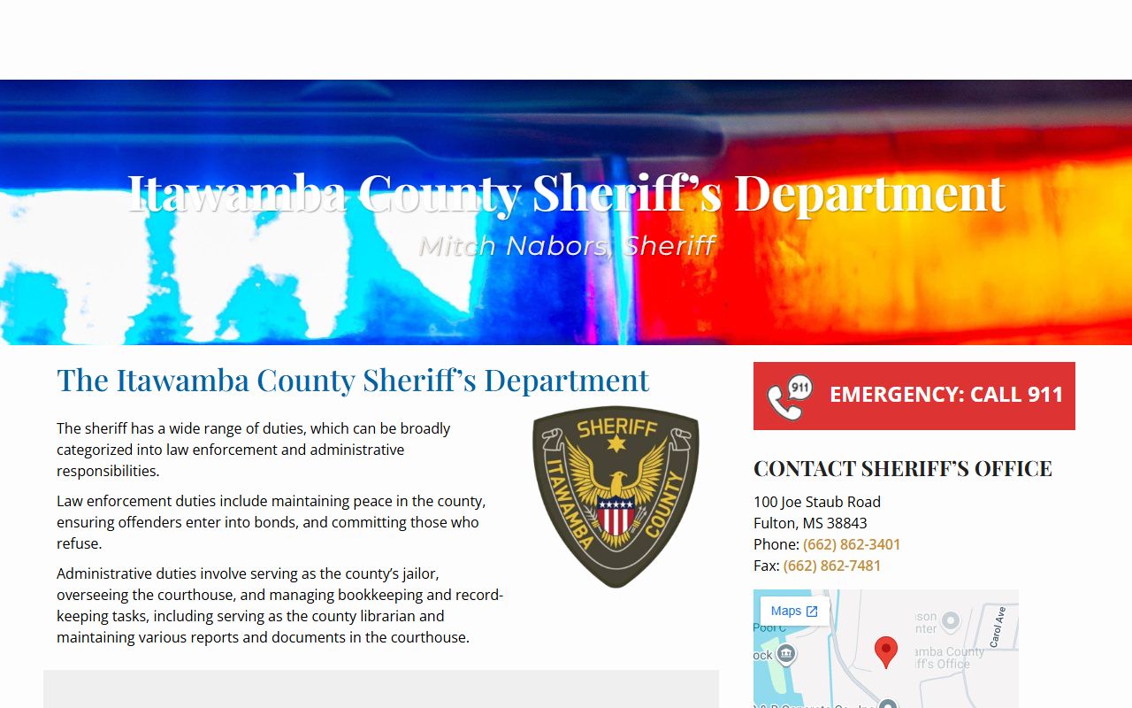 Official Itawamba County Sheriff's Department page with jail roster link and jail contact information
