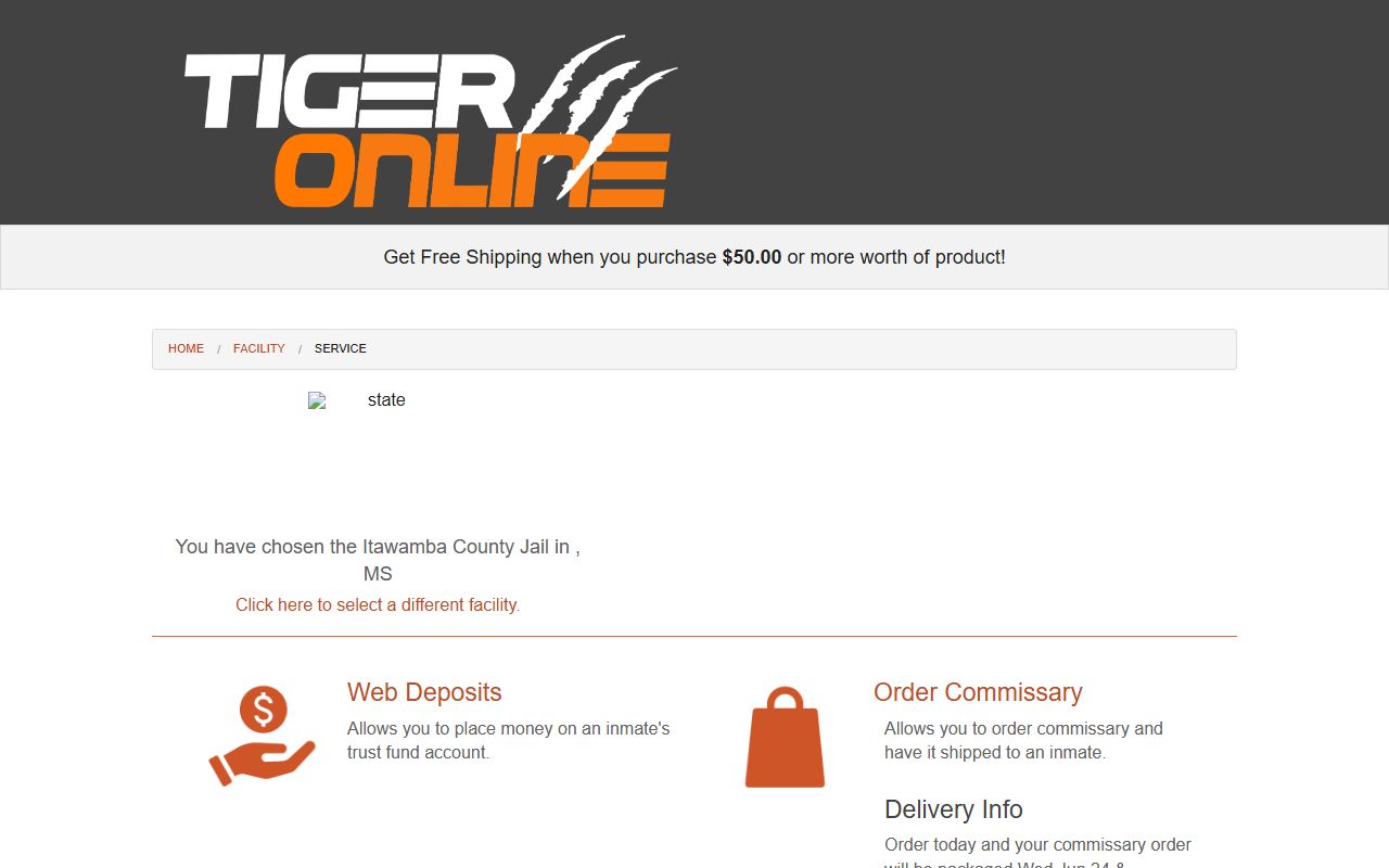 Tiger Commissary page for Itawamba County Jail with web deposit and commissary order options